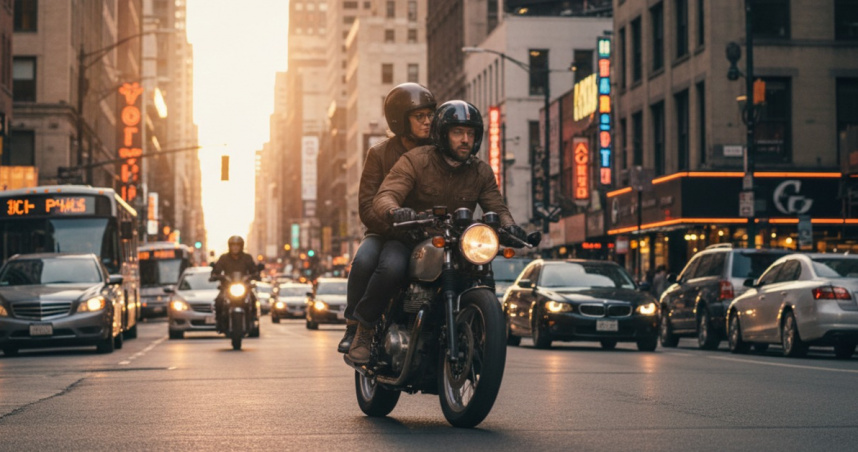 近期社群平台與通訊軟體瘋傳一則訊息，聲稱機車後座乘客若「雙手環抱駕駛」屬於違法行為，將開罰300元。（AI生成示意圖／東森新聞）