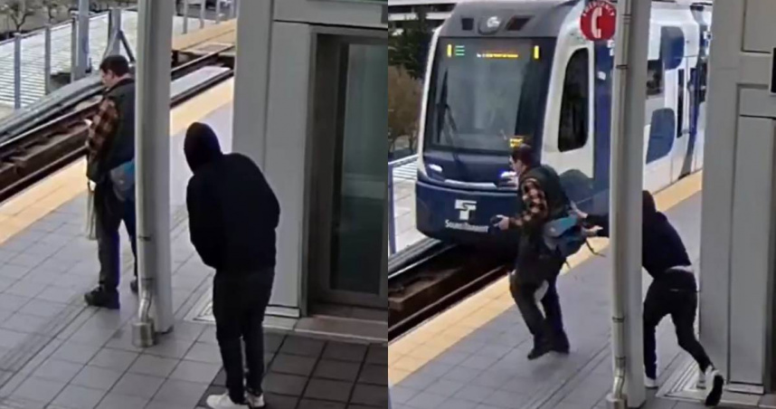 一名男子在列車進站時，試圖從背後將人推下月台。（圖／翻攝自X／@PoliceIncident）