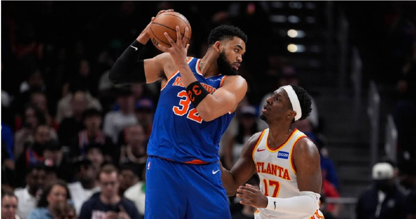 紐約尼克球星唐斯（Karl-Anthony Towns）完成生涯第2次季後賽大三元。（圖／達志／美聯社）