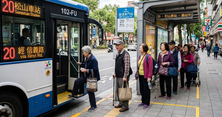公車站牌前，數位熟齡長輩正排隊依續上公車。（AI示意圖）