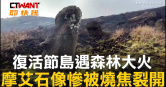 圖說-復活節島遇森林大火　摩艾石像慘被燒焦裂開